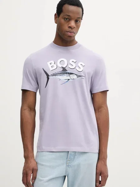 Тениска BOSS Orange лилаво с принт виолетово