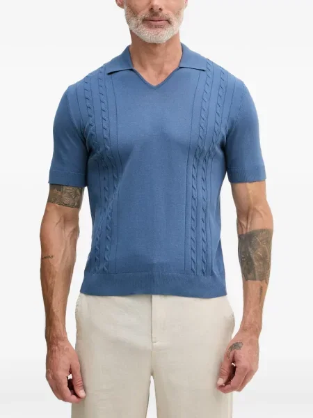 Tricou polo Benetton tricotate cu decolteu în V albastru