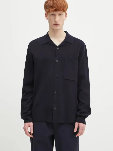 Norse Projects cardigan din lână Nicolai Merino Cotton Milano Jacket bleumarin