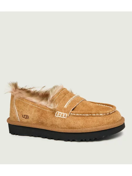 Mocasini Ugg din piele cu toc plat bej