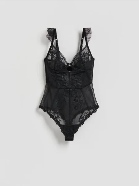 Reserved Siateczkowe body z haftem czarny
