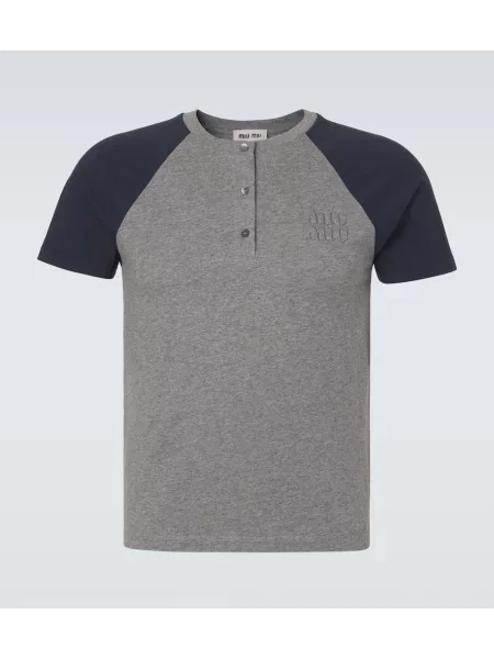 Cămașă Miu Miu din jerseu cu guler henley cu autograf gri