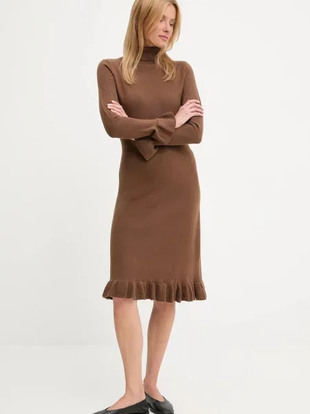 Answear.LAB sukienka z kaszmirem midi prosta brązowy