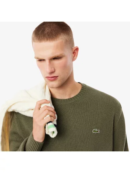 Lacoste Sweter Z Okrągłym Dekoltem Z Wełny Zgrzebnej zielony