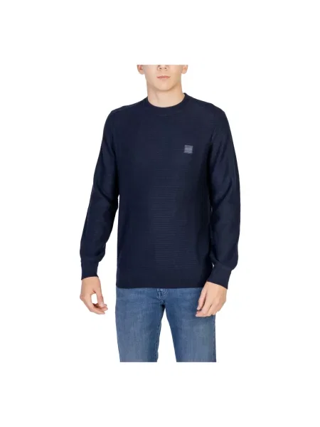 Lekki sweter Boss z kaszmiru z okrągłym dekoltem niebieski