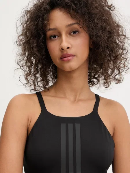 Stroj jednoczęściowy Adidas w paski z wysokim kołnierzem na ramiączkach czarny