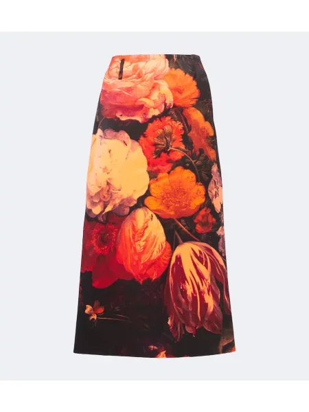 Fustă midi Dries Van Noten cu model floral portocaliu