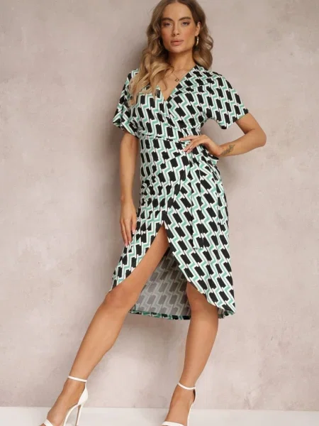 Rochie Deschis Tip Plic Cu Imprimeu Geometric Aphrosia verde