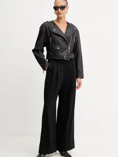 BOSS spodnie wełniane szerokie high waist czarny