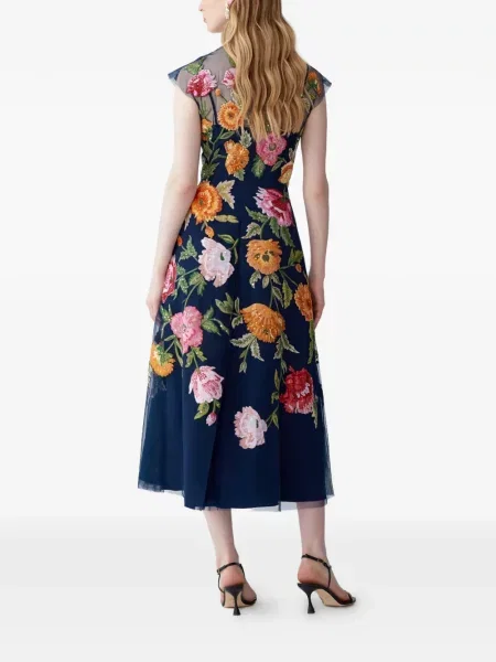 Haftowana sukienka midi Carolina Herrera w kwiatki tiulowa niebieska