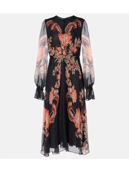 Jedwabna sukienka midi Etro w kwiatki do kolan czarna