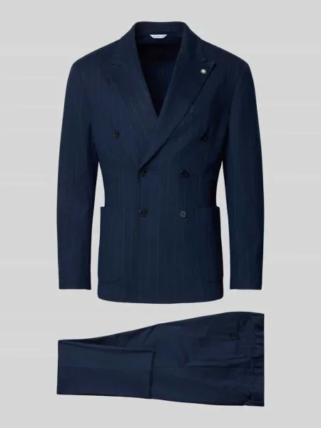 Garnitur o kroju slim fit z dwurzędową marynarką i spodniami z kantami Manuel Ritz granatowy