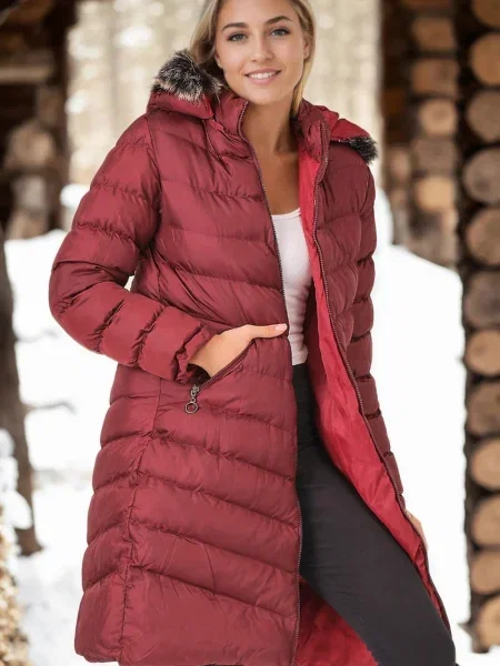 Futro Dewberry z kapturem z futerkiem bordowe