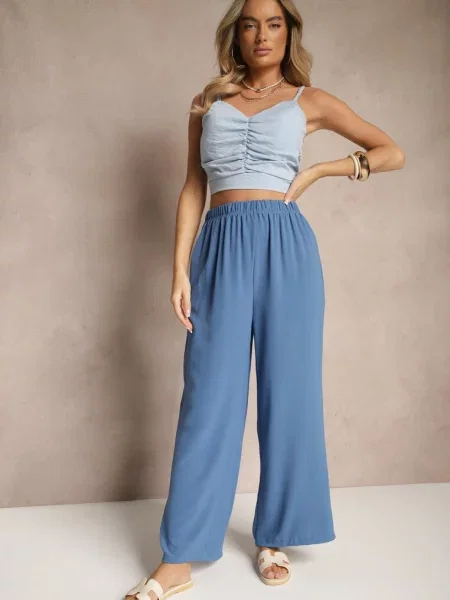 Szerokie Spodnie Typu Palazzo High Waist Araneira niebieskie
