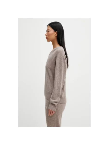 Sweter Sporty And Rich wełniany z dekoltem w serek beżowy