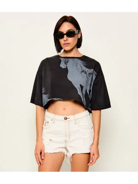One Teaspoon Tricou Wild Horses | Cropped Fit negru