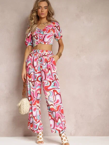 Komplet Top z Marszczeniami i Szerokie Spodnie Alesi czerwony