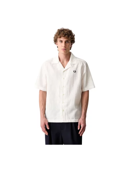 Lniana krótka koszula z krótkim rękawem Fred Perry z krótkim rękawem beżowa