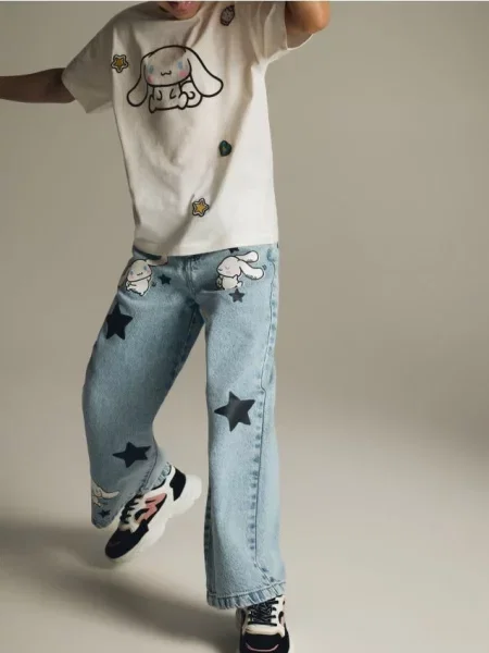 Reserved Jeansy super wide leg Cinnamoroll niebieski