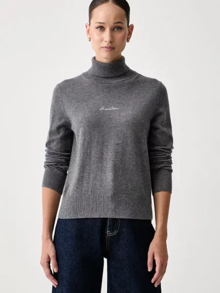 Pulover Guess Jeans de mătase cu guler înalt gri
