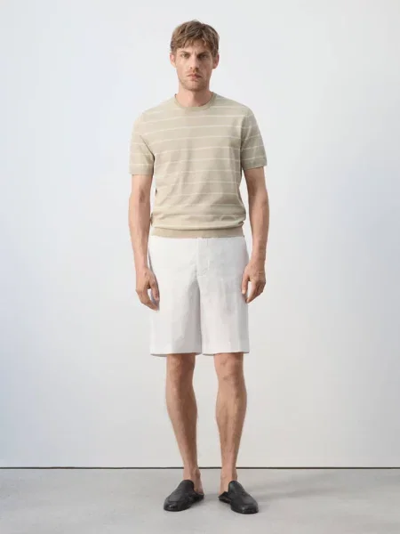 Koszulka slim fit z dzianiny w paski piaskowy Mężczyzna S MANGO MAN