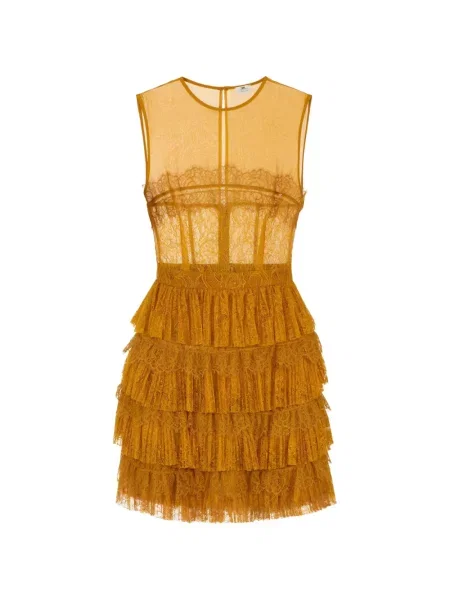 Rochie mini Elisabetta Franchi cu model floral din dantelă galben