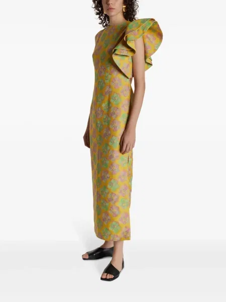 Květinové midi šaty D’estrëe po kolena na jedno rameno žluté
