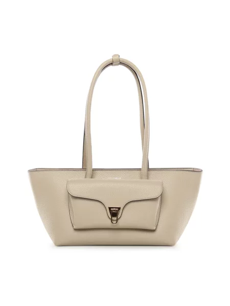 Coccinelle torebka shopper skórzana DOUBLE BEAT beżowa