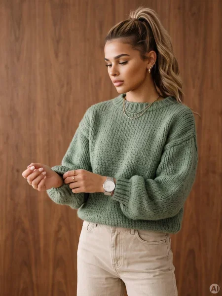 Sweter luźny z okrągłym dekoltem Dstreet zielony