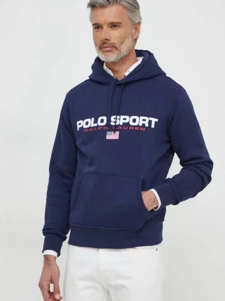 Суичър с качулка Polo Ralph Lauren с качулка с принт синьо