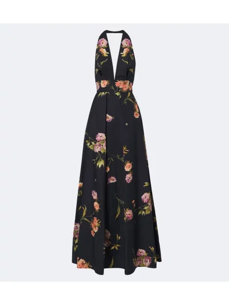 Rochie maxi Elie Saab cu model floral din poplin albastru