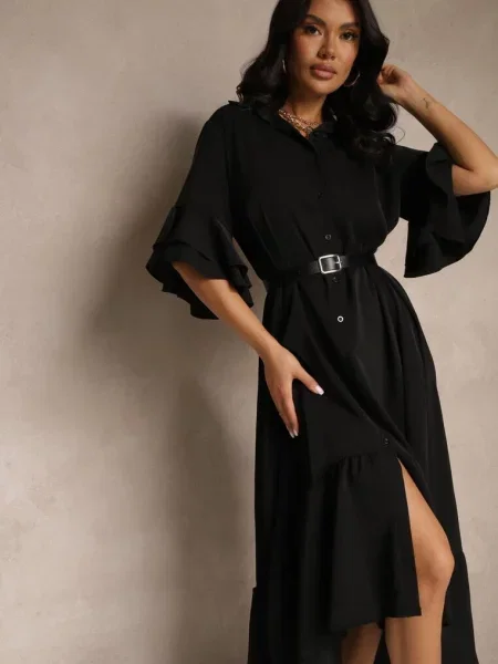 Koszulowa Sukienka Ozdobiona Falbanką Ransara czarna