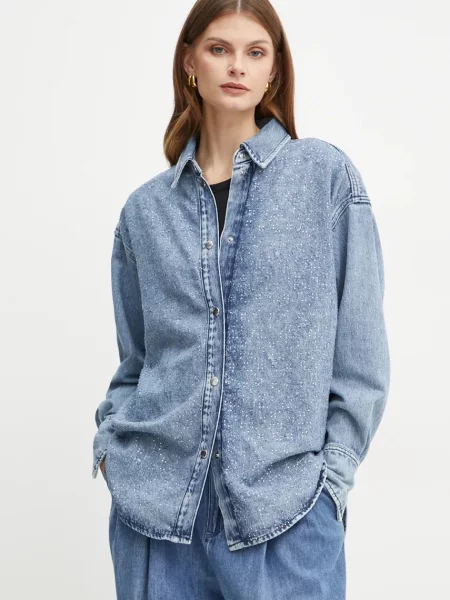 Дънкова риза Boss Orange дамска със свободна кройка с класическа яка синьо