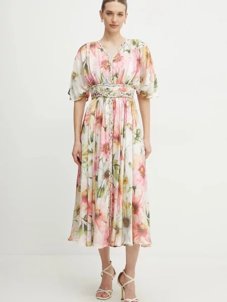 Haljina Guess LUCIE midi širi se prema dolje ružičasta