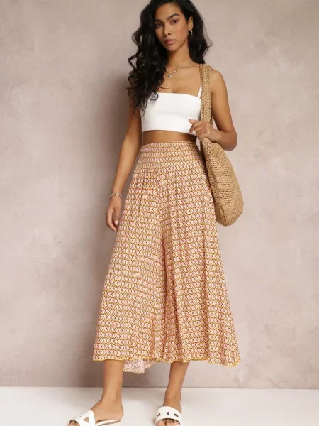 Żółto-Pomarańczowe Szerokie Spodnie z z Marszczoną Gumką w Talii Mellody żółte