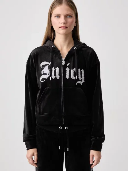 Juicy Couture bluza rozpinana z kapturem welurowa OLD GOTHIC ICCLE czarna