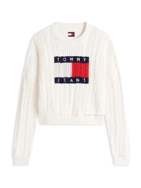 Tommy Jeans Pulover Intarsia Flag Badge Crem alb
