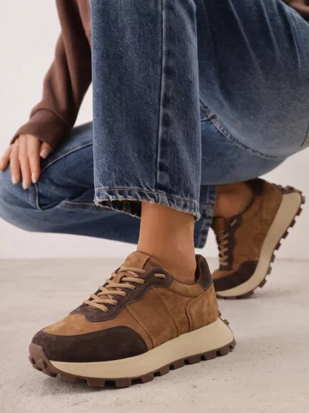 Sneakers chunky din piele pe platformă cu talpă aderentă Calmo maro