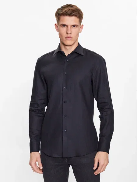 Ленена риза BOSS с кройка по тялото с класическа яка тъмносиньо
