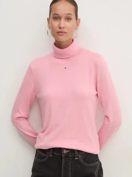 Пуловер Tommy Jeans дамски с поло розово