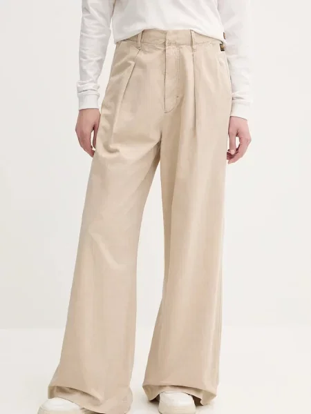 G-Star spodnie z domieszką lnu szerokie high waist beżowy