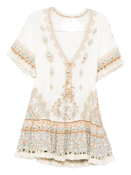 Rochie mini Camilla cu decolteu în V cu pompoane de costum alb