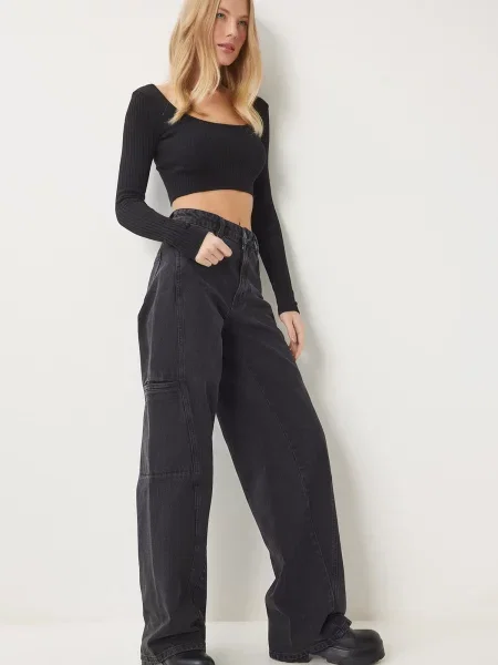 Happiness İstanbul Black Wide Leg Cargo Jeans črna