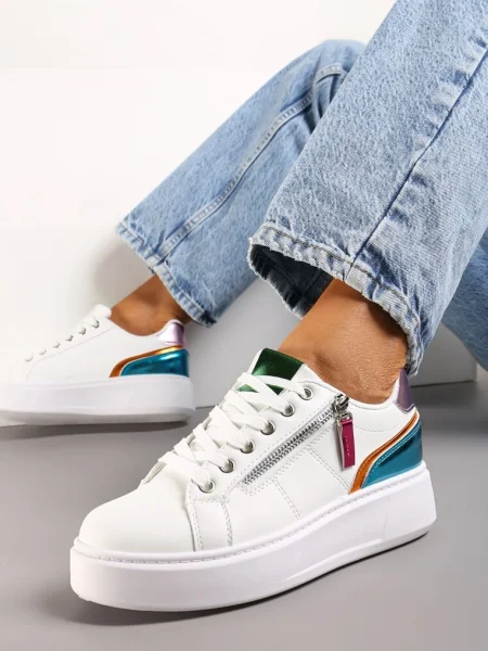 Biało-Niebieskie Sneakersy z Ozdobnym Suwakiem i Platformą Iolanna białe