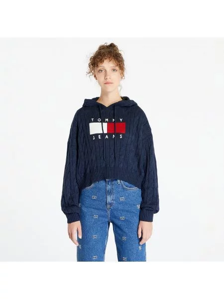 Tommy Jeans Center Flag Cable Hoodie Blue albastru
