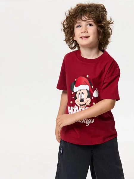 Sinsay tričko s vánočním potiskem Mickey Mouse burgundy