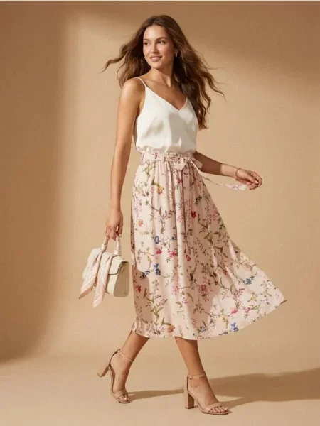 Спідниця міді у квітковий принт з з віскозою різнобарвний