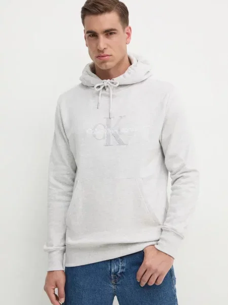 Суичър с качулка Calvin Klein Jeans с качулка с апликация сиво