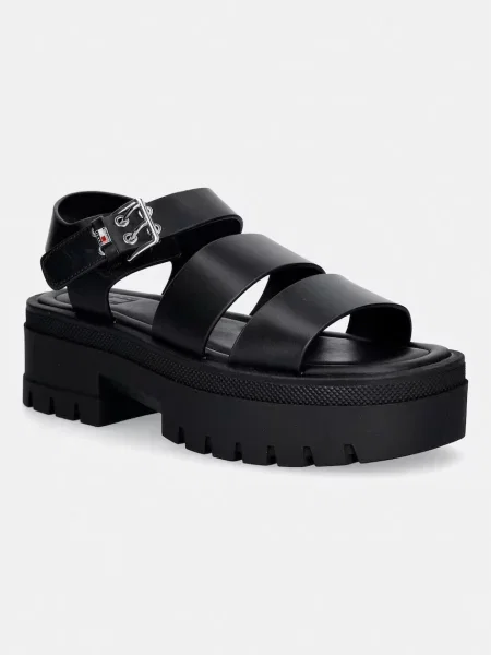 Tommy Jeans sandale pentru femei din piele TJW STRAPS LEATHER MAX SANDAL negru