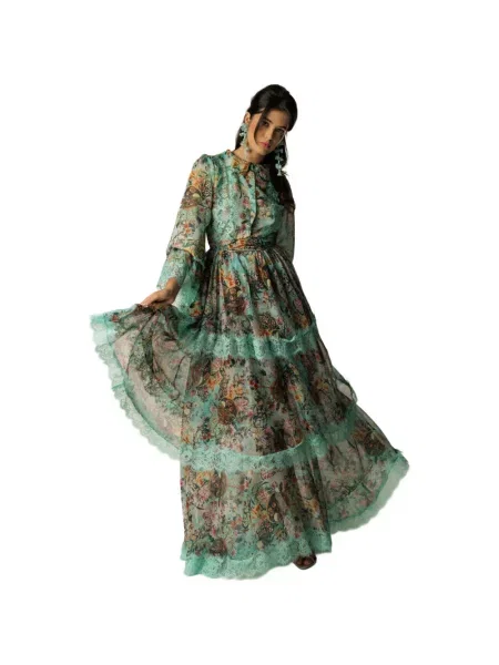 Rochie maxi Miau By Clara Rotescu cu model floral cu imagine din dantelă verde